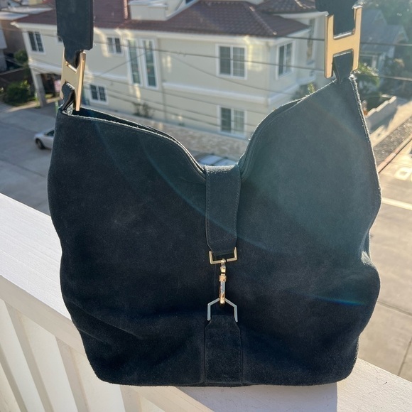 INDIA HICKS Edwina Hobo Slate blue suede soft bag designer retro - Picture 3 of 14